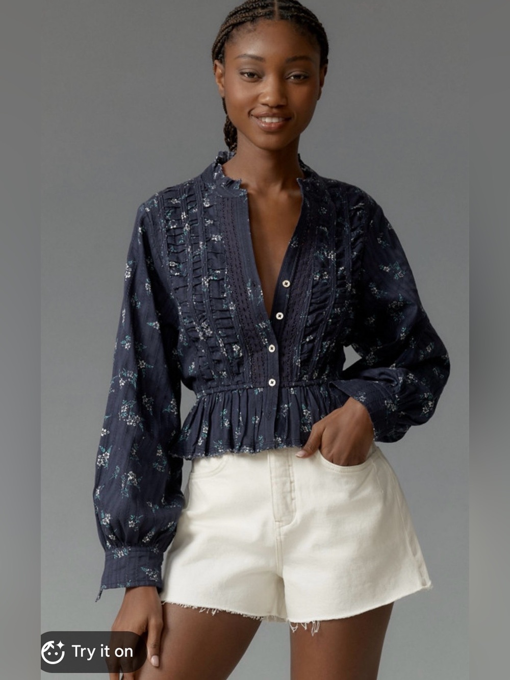 Pilcro Navy Floral Pintuck Peplum Blouse